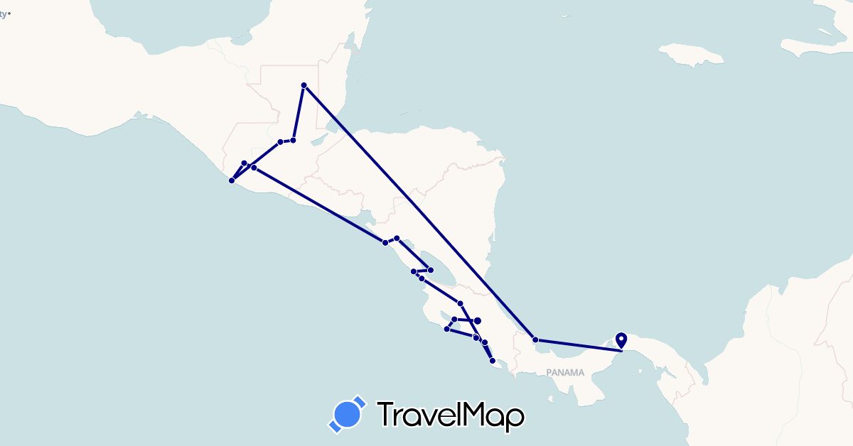 TravelMap itinerary: driving in Costa Rica, Guatemala, Nicaragua, Panama (North America)